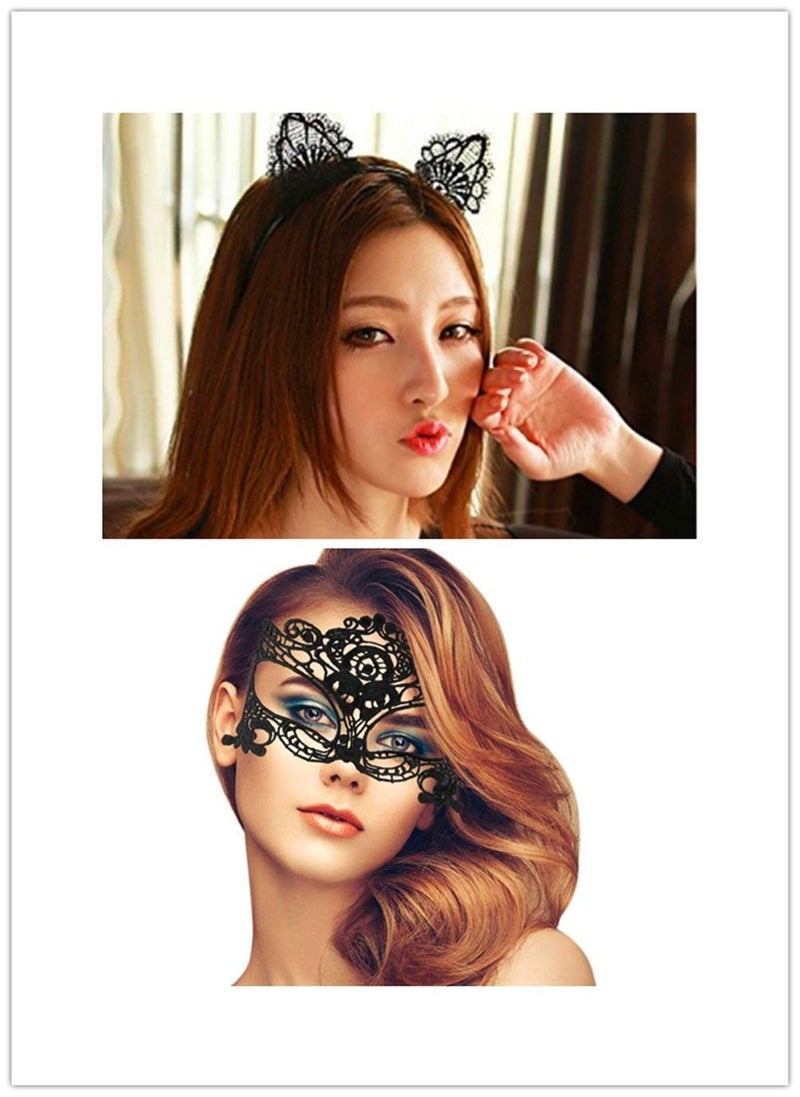 AISIBO Fashion Cat Ears Headband Lace Eye Mask Costume Couples Cute Sexy Women Lady Eyemask Masquerade Mask Hair Elastic Hoop for Carnival Party Prom Ball Halloween Christmas Cosplay (Black) - Image 5